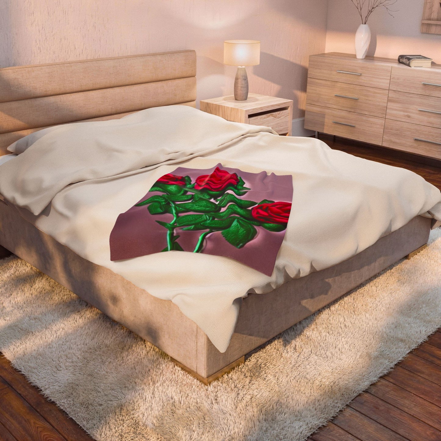 Velveteen Plush Blanket — Vintage Red Roses on Mauve Throw (Cozy Floral Gift for Valentine’s Day & Home Décor)