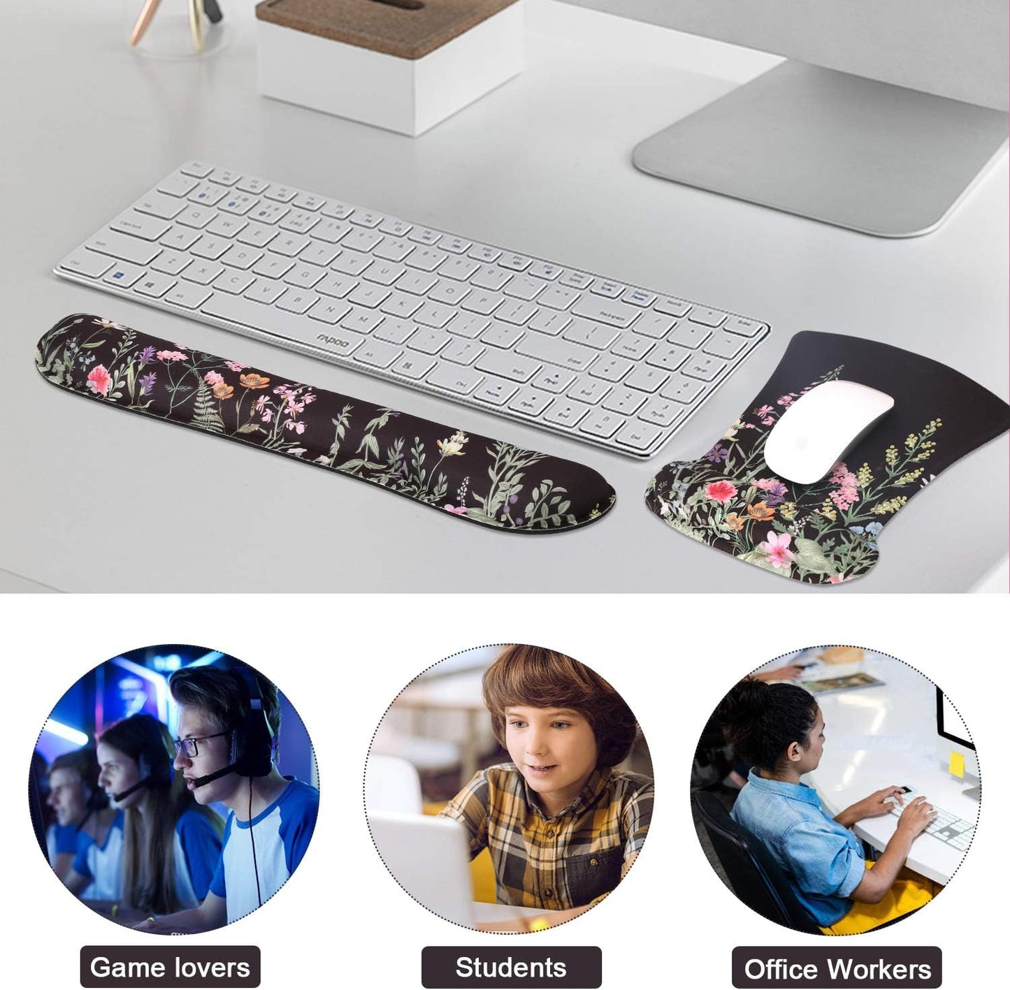Mouse Pad and Keyboard Wrist Rest, Wrist Rest for Computer Keyboard, Made of Memory Foam with Wrist Support, Easy Typing and Relieve Wrist Pain Keyboard Pad for Computer, Office (B-Weeds)