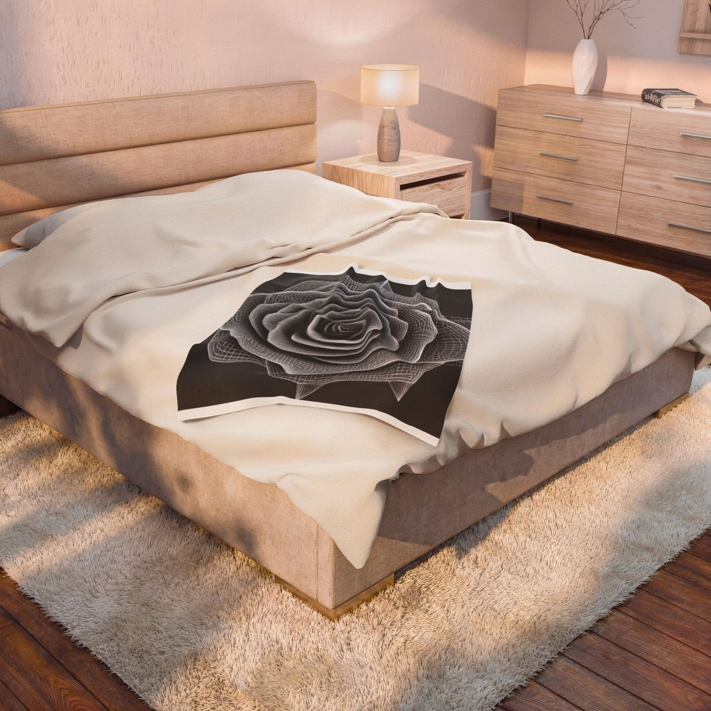 Velveteen Plush Blanket — Monochrome Geometric Rose Throw (Black & White Floral)