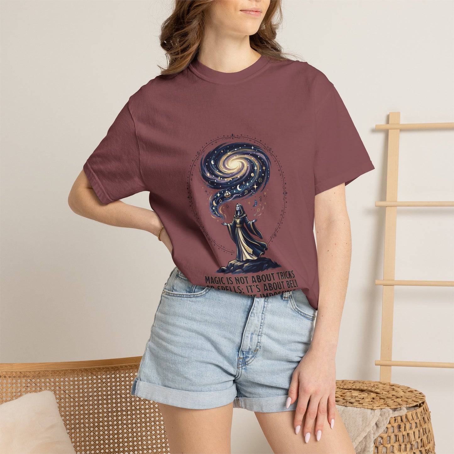 Magic Believe T‑Shirt — Wizard Gazing at Galaxy with "Magic is not about tricks or spells; it's about believing in the impossible" Quote
