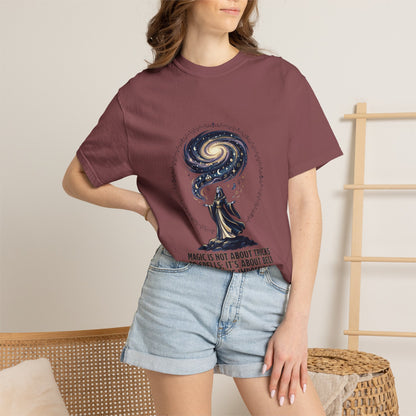 Magic Believe T‑Shirt — Wizard Gazing at Galaxy with "Magic is not about tricks or spells; it's about believing in the impossible" Quote