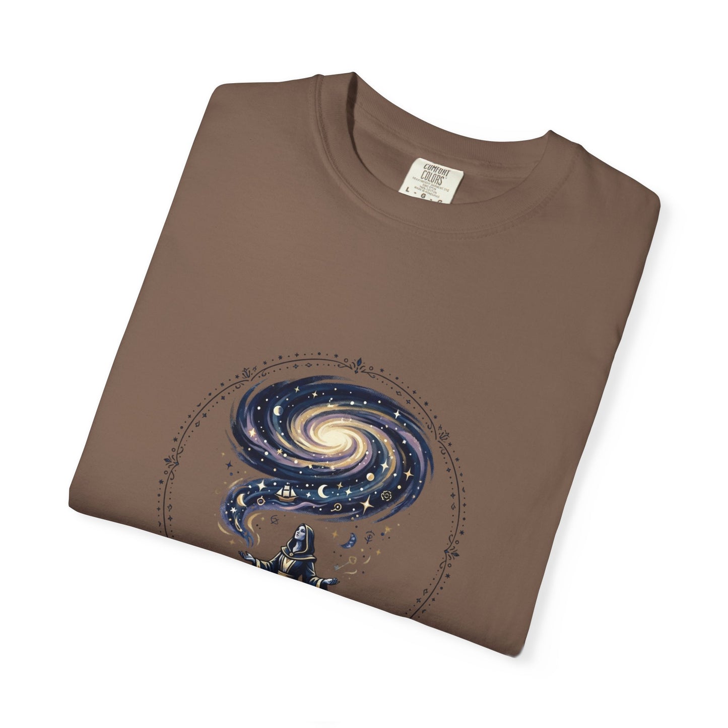 Magic Believe T‑Shirt — Wizard Gazing at Galaxy with "Magic is not about tricks or spells; it's about believing in the impossible" Quote