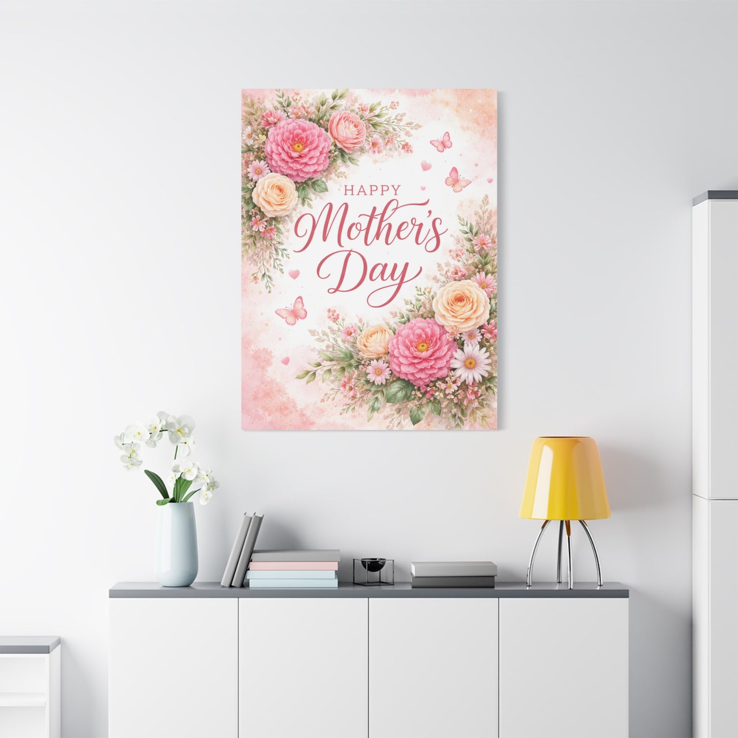 Mother's Day Canvas Wall Art - "Happy Mother's Day" Floral Stretched Matte Print