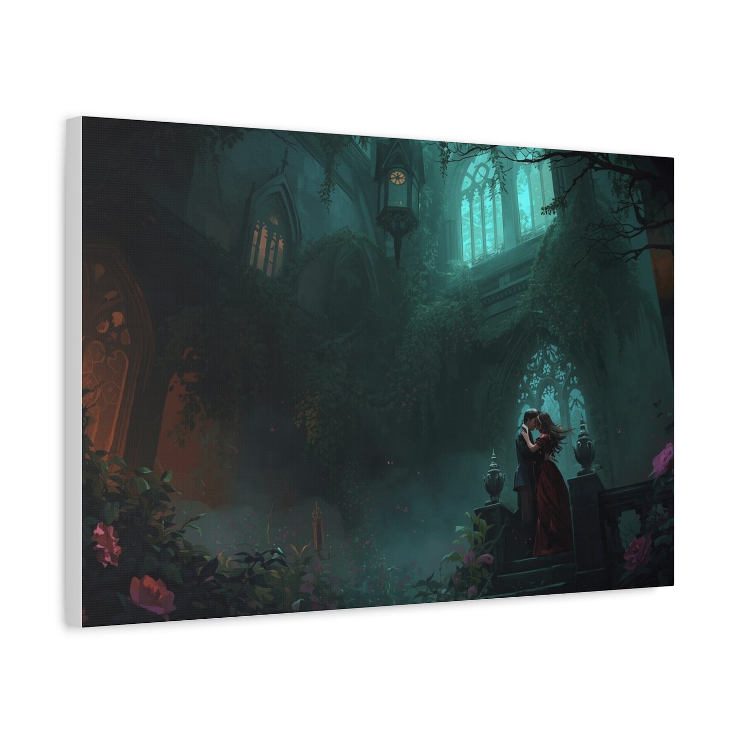 Gothic Romance Matte Canvas Wall Art — Enchanted Ruins with Lovers