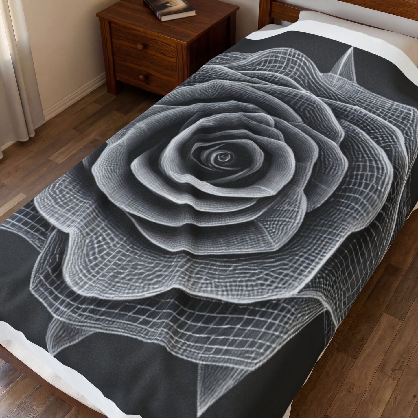 Velveteen Plush Blanket — Monochrome Geometric Rose Throw (Black & White Floral)
