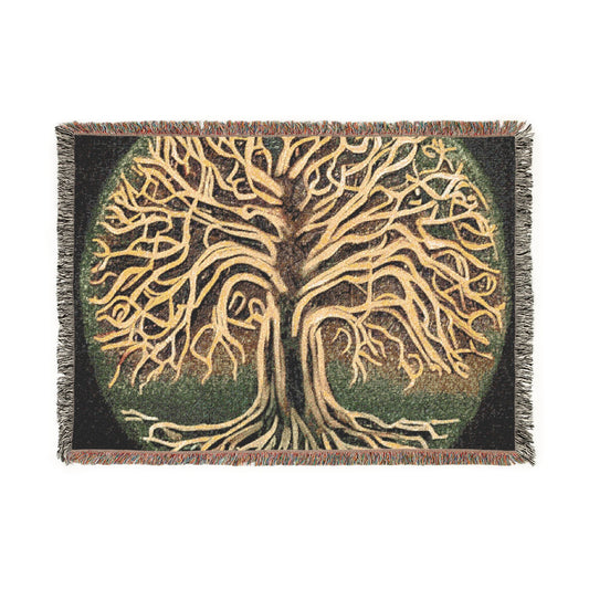 Woven Blanket: Golden Tree of Life Throw (Bohemian Decorative Tapestry Blanket)