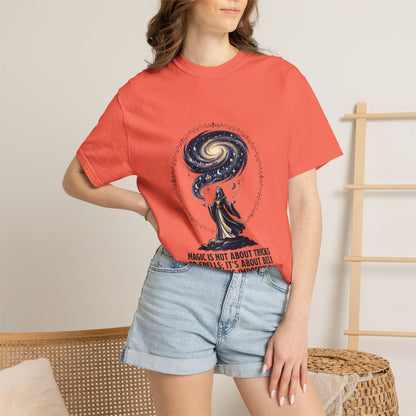 Magic Believe T‑Shirt — Wizard Gazing at Galaxy with "Magic is not about tricks or spells; it's about believing in the impossible" Quote