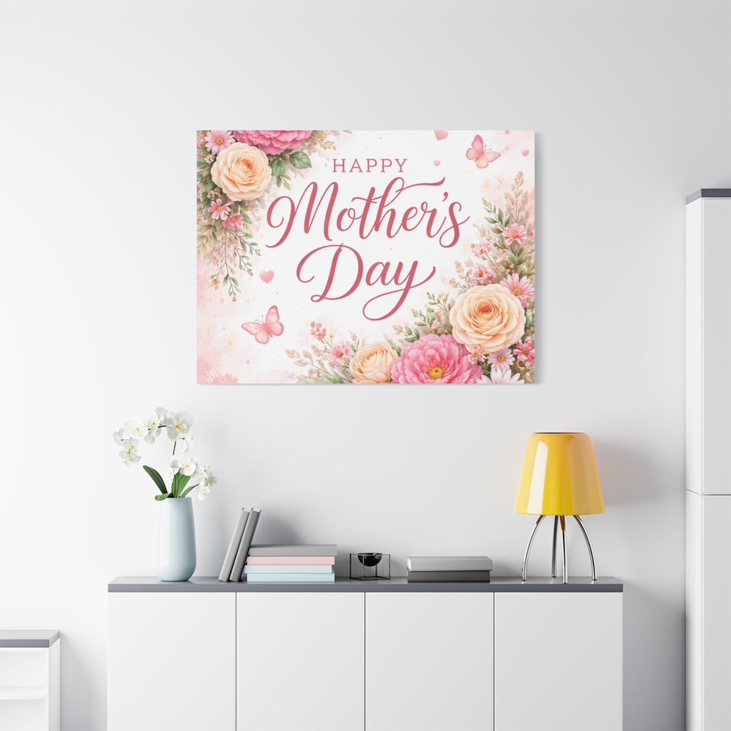 Mother's Day Canvas Wall Art - "Happy Mother's Day" Floral Stretched Matte Print
