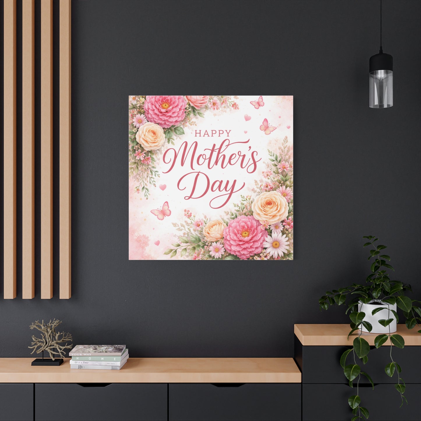 Mother's Day Canvas Wall Art - "Happy Mother's Day" Floral Stretched Matte Print