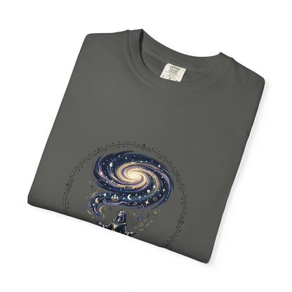 Magic Believe T‑Shirt — Wizard Gazing at Galaxy with "Magic is not about tricks or spells; it's about believing in the impossible" Quote