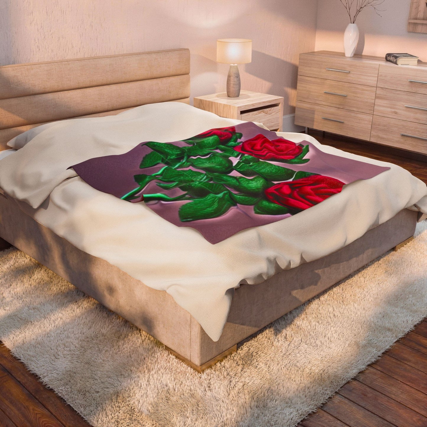 Velveteen Plush Blanket — Vintage Red Roses on Mauve Throw (Cozy Floral Gift for Valentine’s Day & Home Décor)