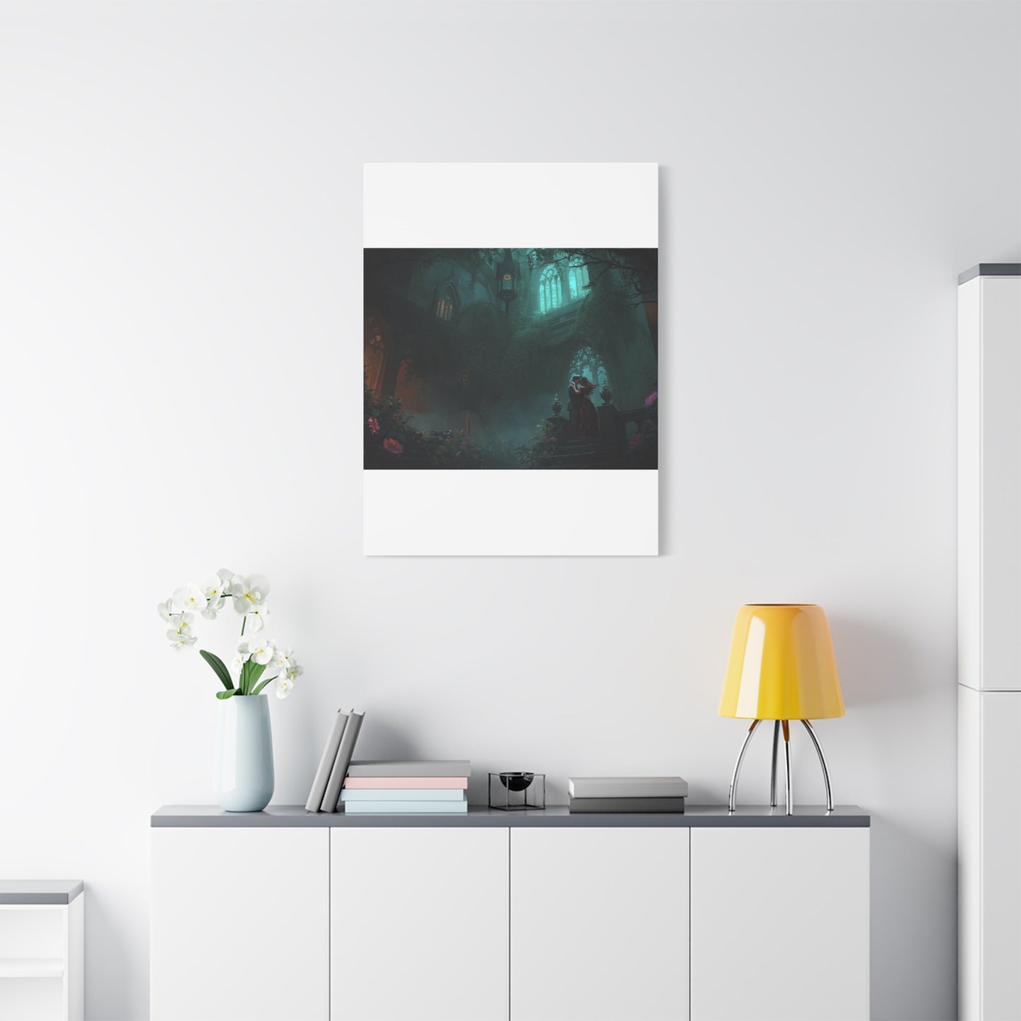 Gothic Romance Matte Canvas Wall Art — Enchanted Ruins with Lovers