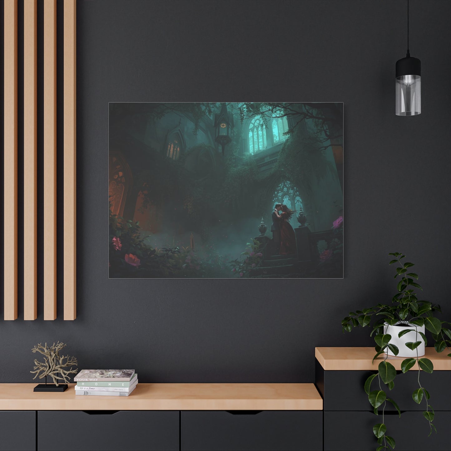 Gothic Romance Matte Canvas Wall Art — Enchanted Ruins with Lovers