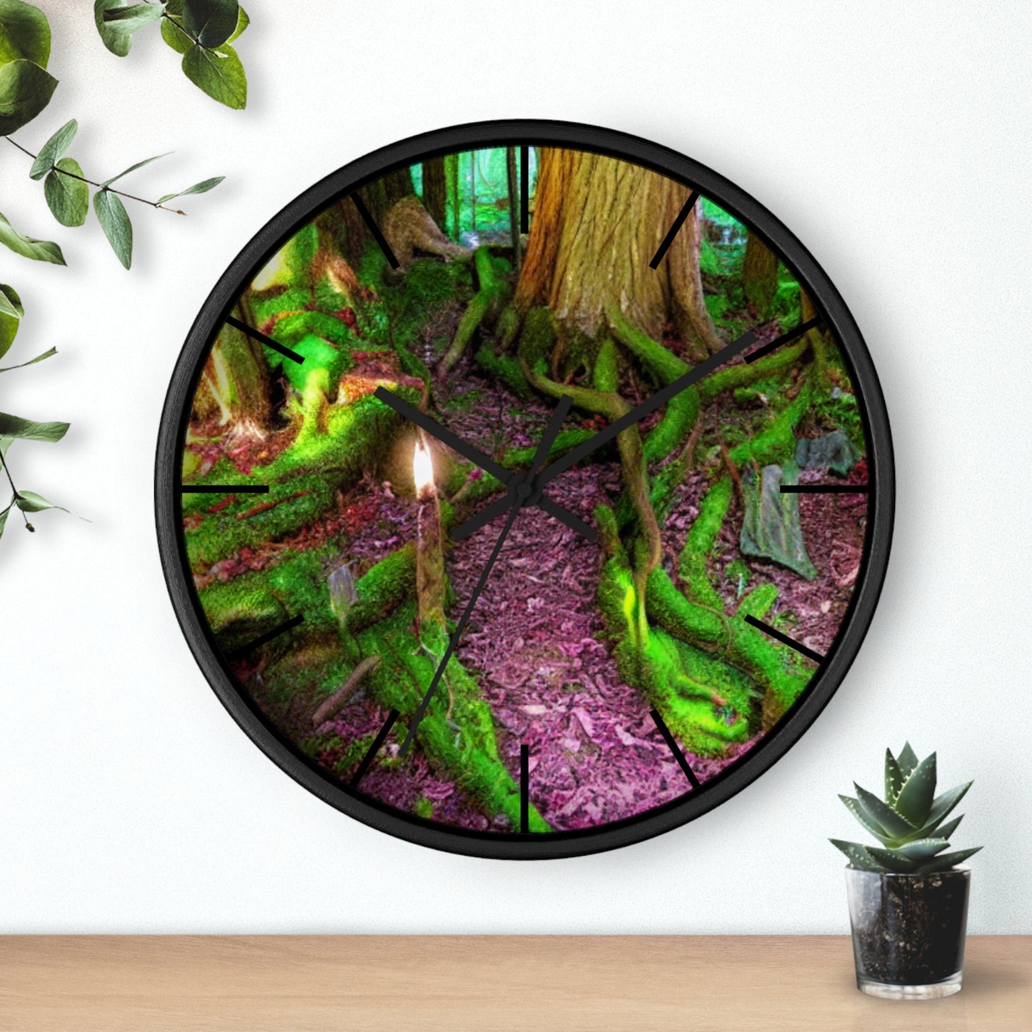 Enchanted Forest Wall Clock — Mossy Tree Roots with Candlelight