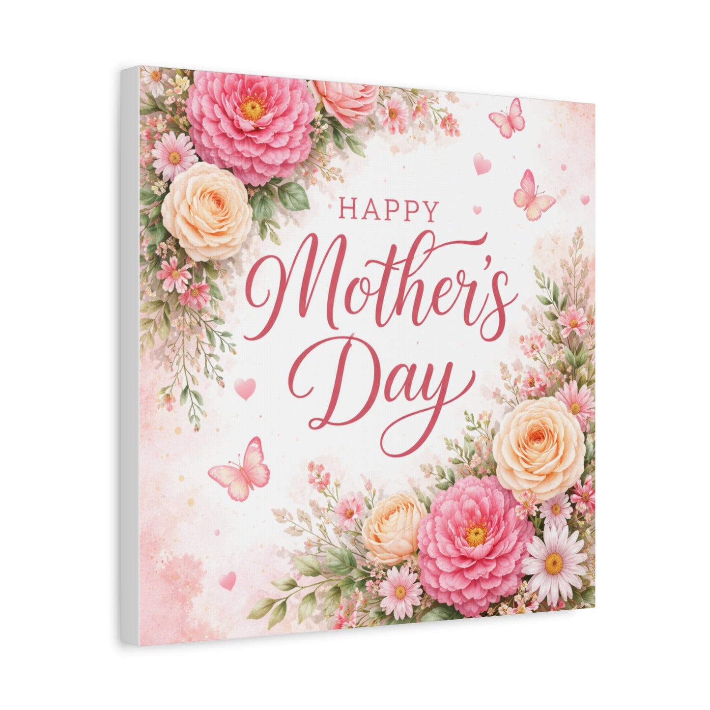 Mother's Day Canvas Wall Art - "Happy Mother's Day" Floral Stretched Matte Print