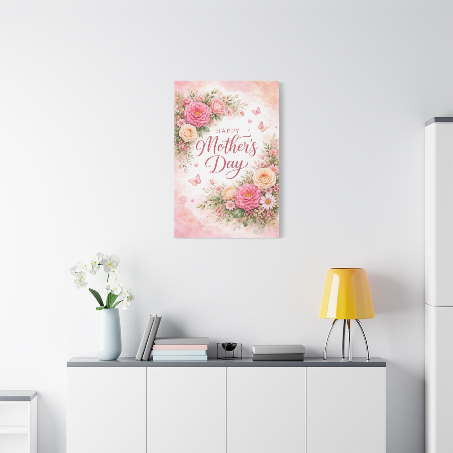 Mother's Day Canvas Wall Art - "Happy Mother's Day" Floral Stretched Matte Print