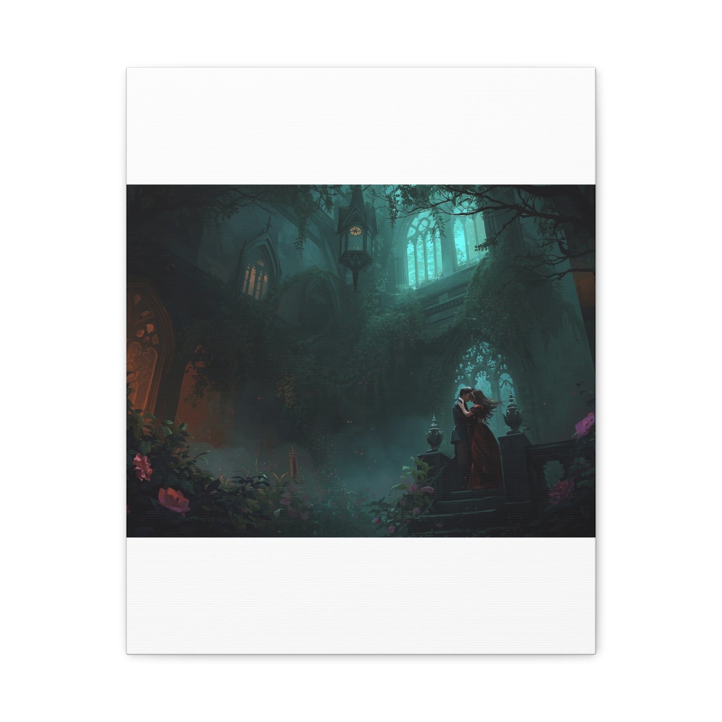 Gothic Romance Matte Canvas Wall Art — Enchanted Ruins with Lovers