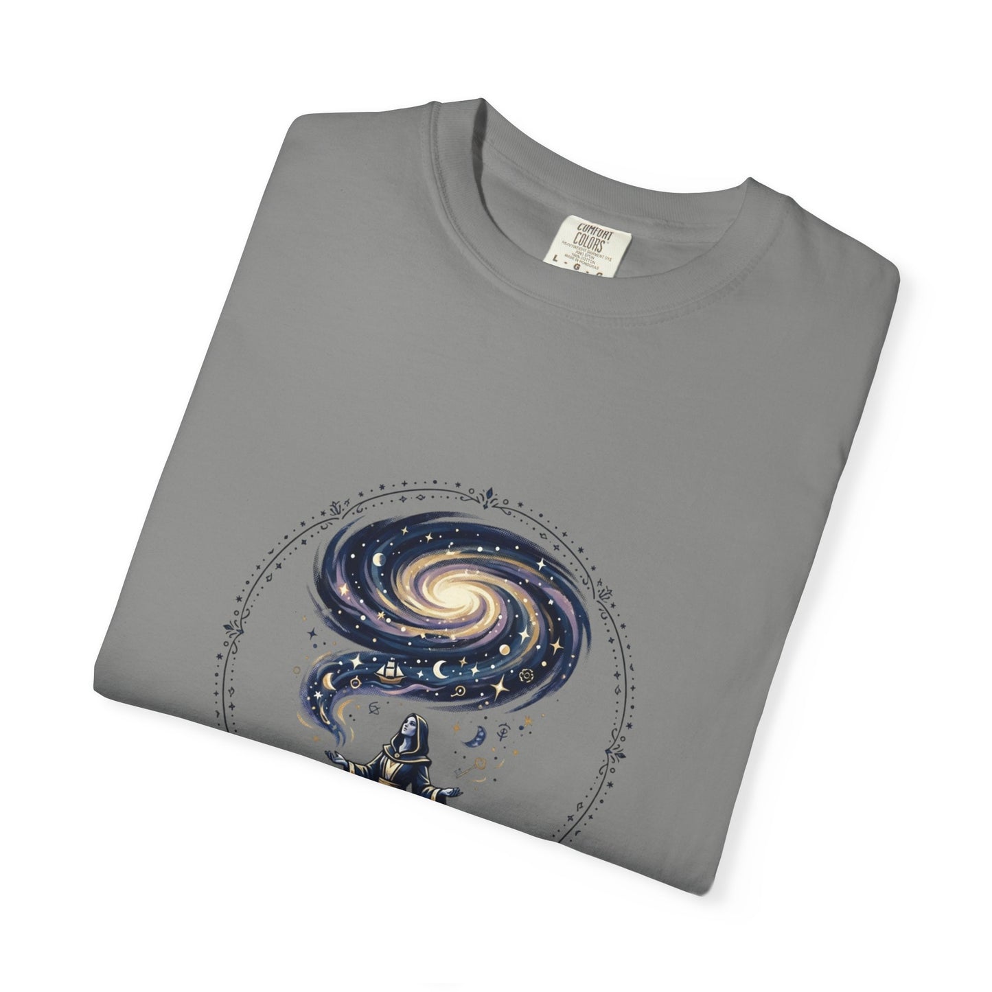 Magic Believe T‑Shirt — Wizard Gazing at Galaxy with "Magic is not about tricks or spells; it's about believing in the impossible" Quote