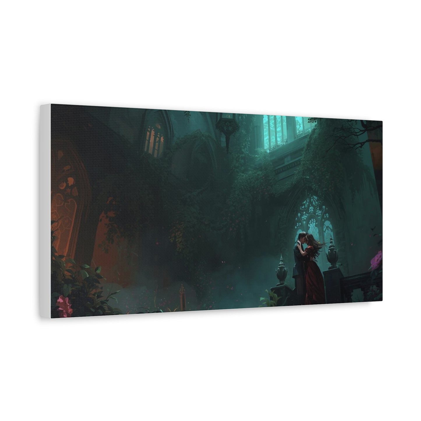 Gothic Romance Matte Canvas Wall Art — Enchanted Ruins with Lovers