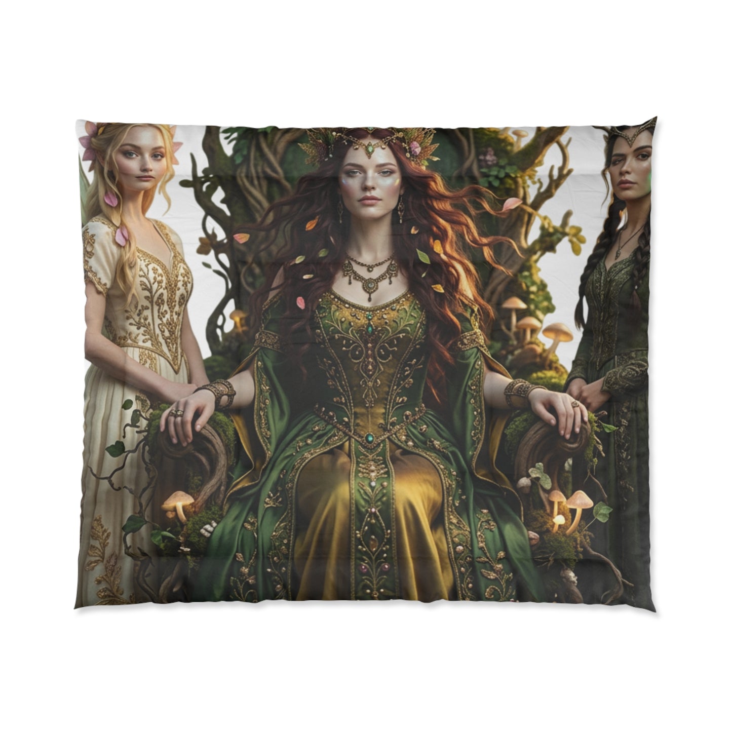 Court Goddess Comforter - Fantasy Medieval Green Queen Bedding