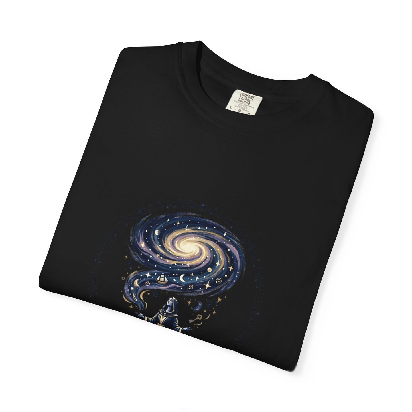 Magic Believe T‑Shirt — Wizard Gazing at Galaxy with "Magic is not about tricks or spells; it's about believing in the impossible" Quote