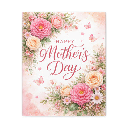 Mother's Day Canvas Wall Art - "Happy Mother's Day" Floral Stretched Matte Print