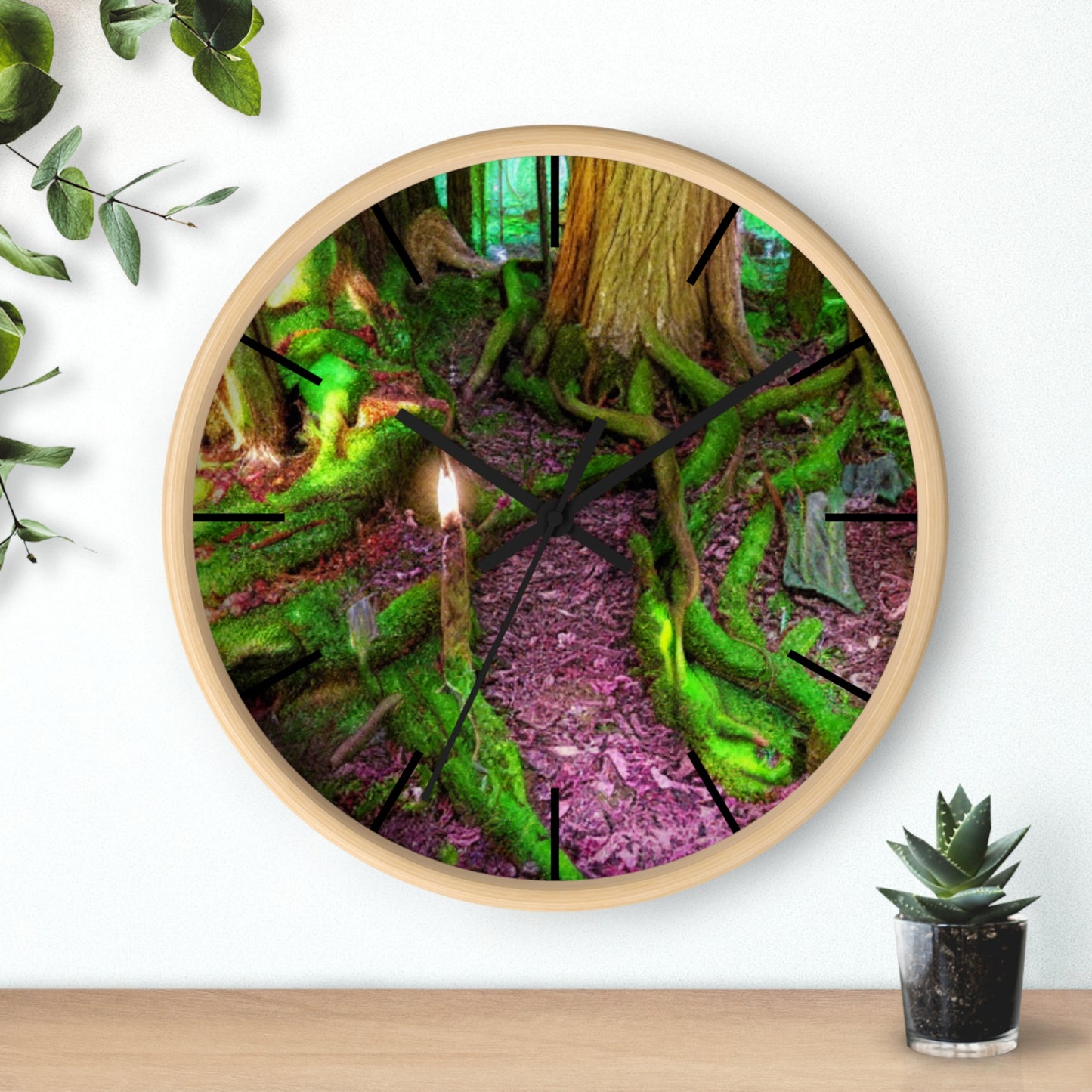 Enchanted Forest Wall Clock — Mossy Tree Roots with Candlelight
