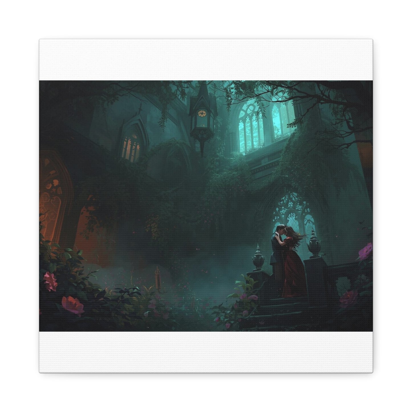 Gothic Romance Matte Canvas Wall Art — Enchanted Ruins with Lovers
