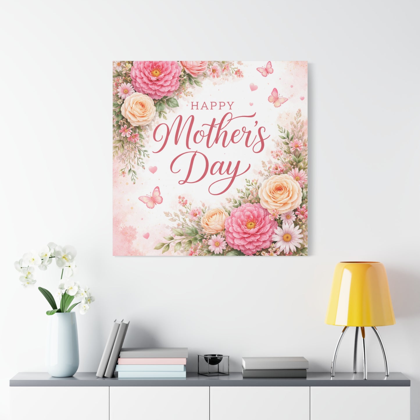 Mother's Day Canvas Wall Art - "Happy Mother's Day" Floral Stretched Matte Print