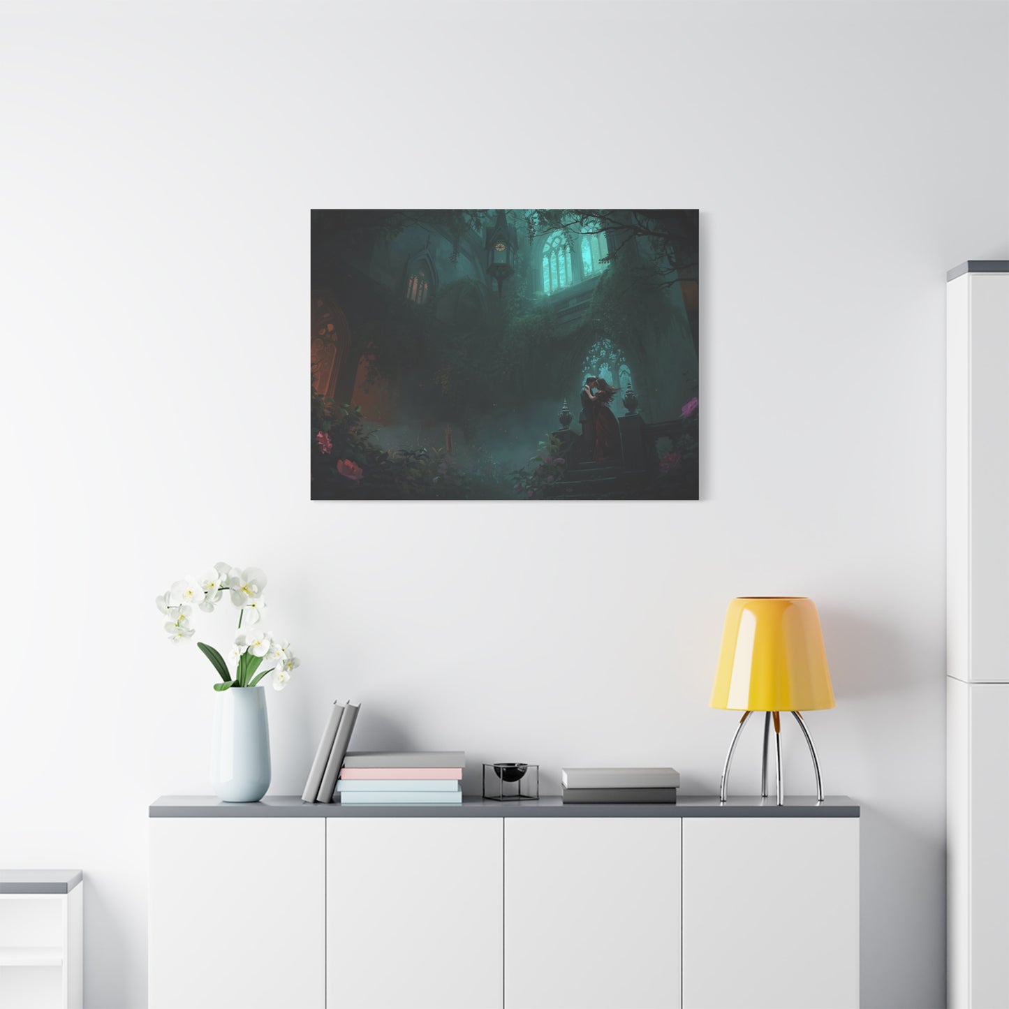 Gothic Romance Matte Canvas Wall Art — Enchanted Ruins with Lovers