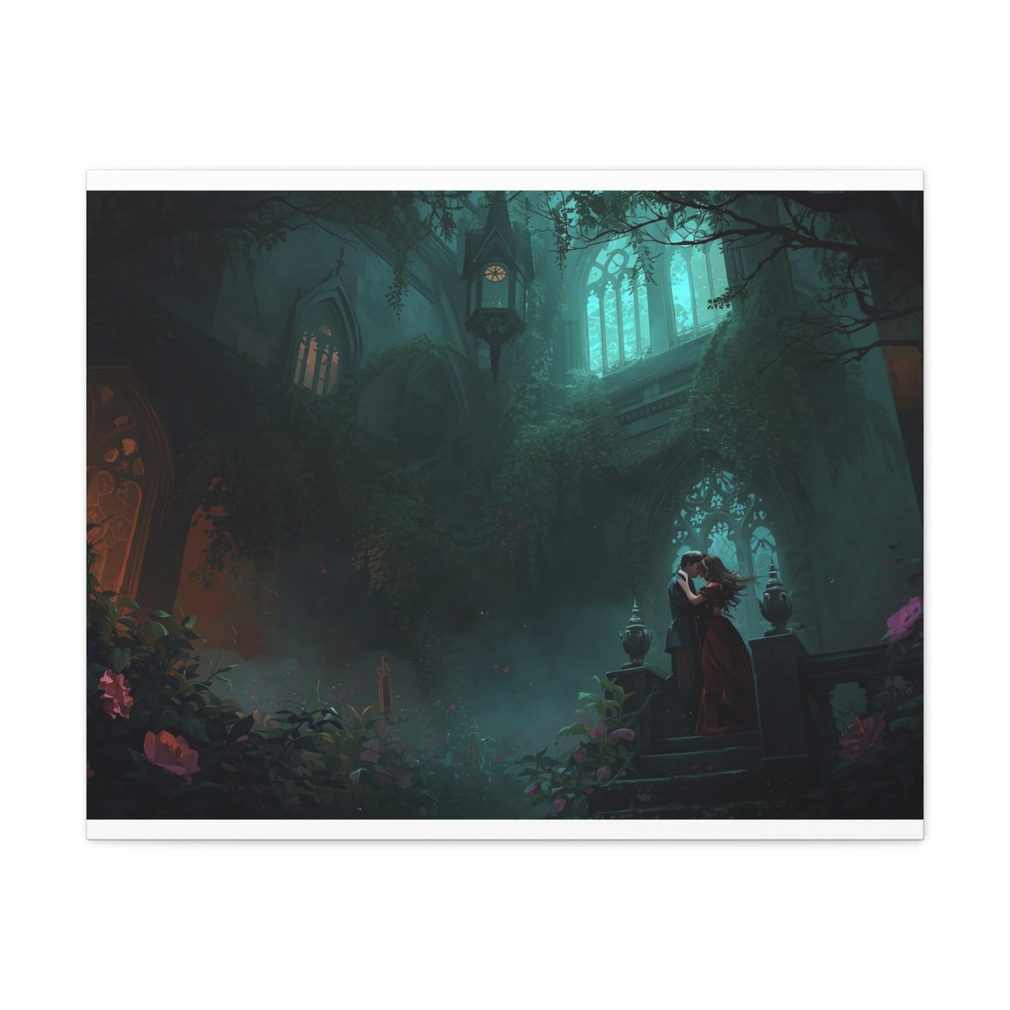Gothic Romance Matte Canvas Wall Art — Enchanted Ruins with Lovers