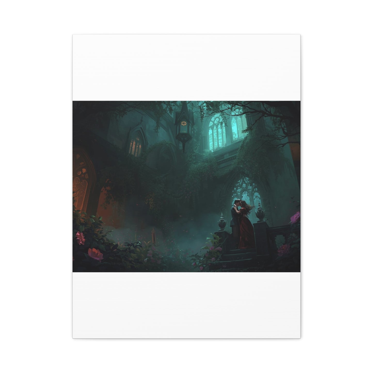 Gothic Romance Matte Canvas Wall Art — Enchanted Ruins with Lovers