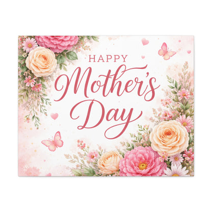 Mother's Day Canvas Wall Art - "Happy Mother's Day" Floral Stretched Matte Print