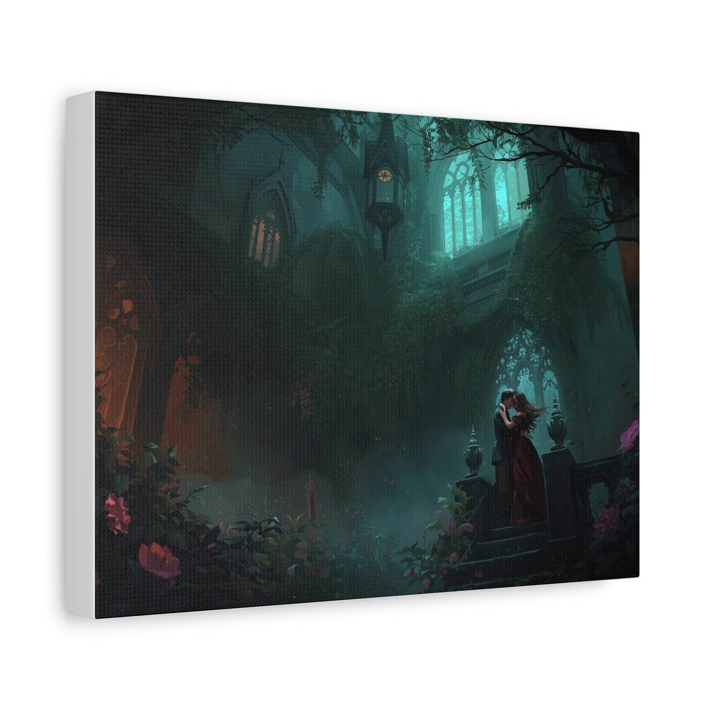 Gothic Romance Matte Canvas Wall Art — Enchanted Ruins with Lovers