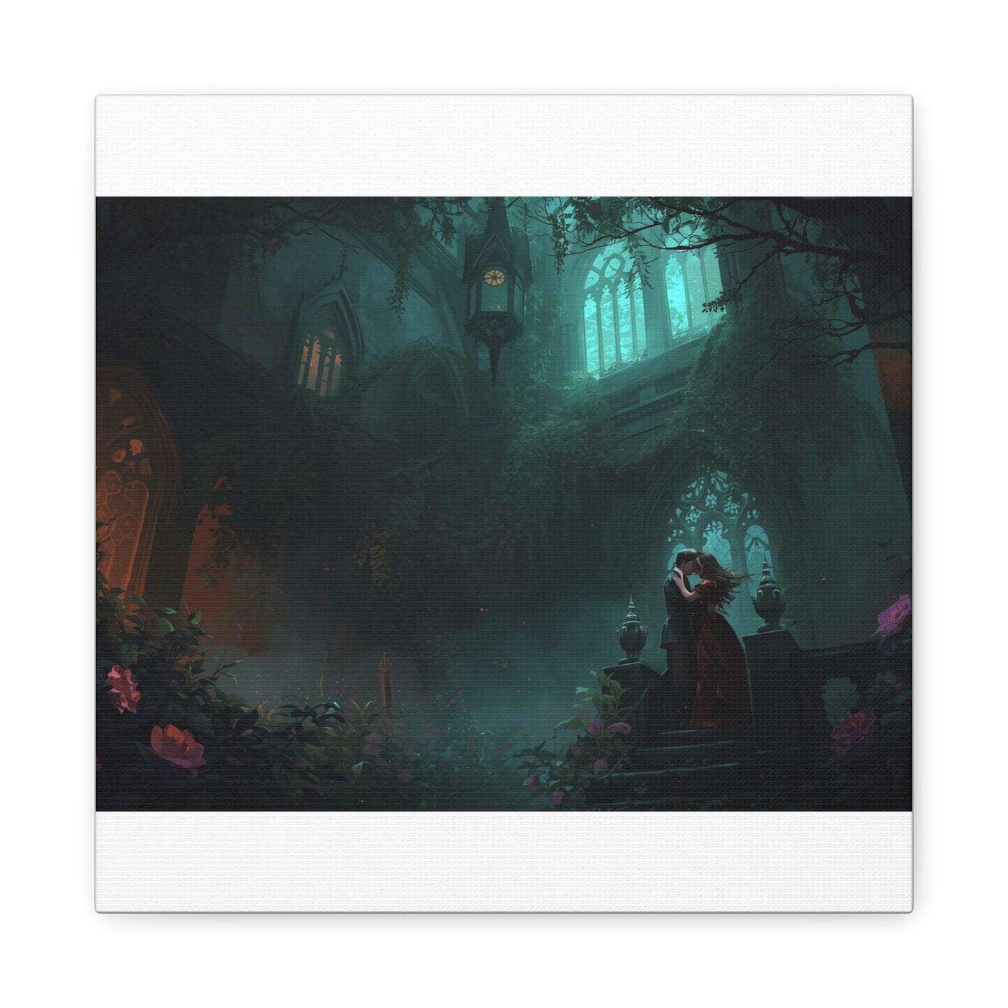 Gothic Romance Matte Canvas Wall Art — Enchanted Ruins with Lovers