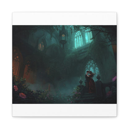 Gothic Romance Matte Canvas Wall Art — Enchanted Ruins with Lovers