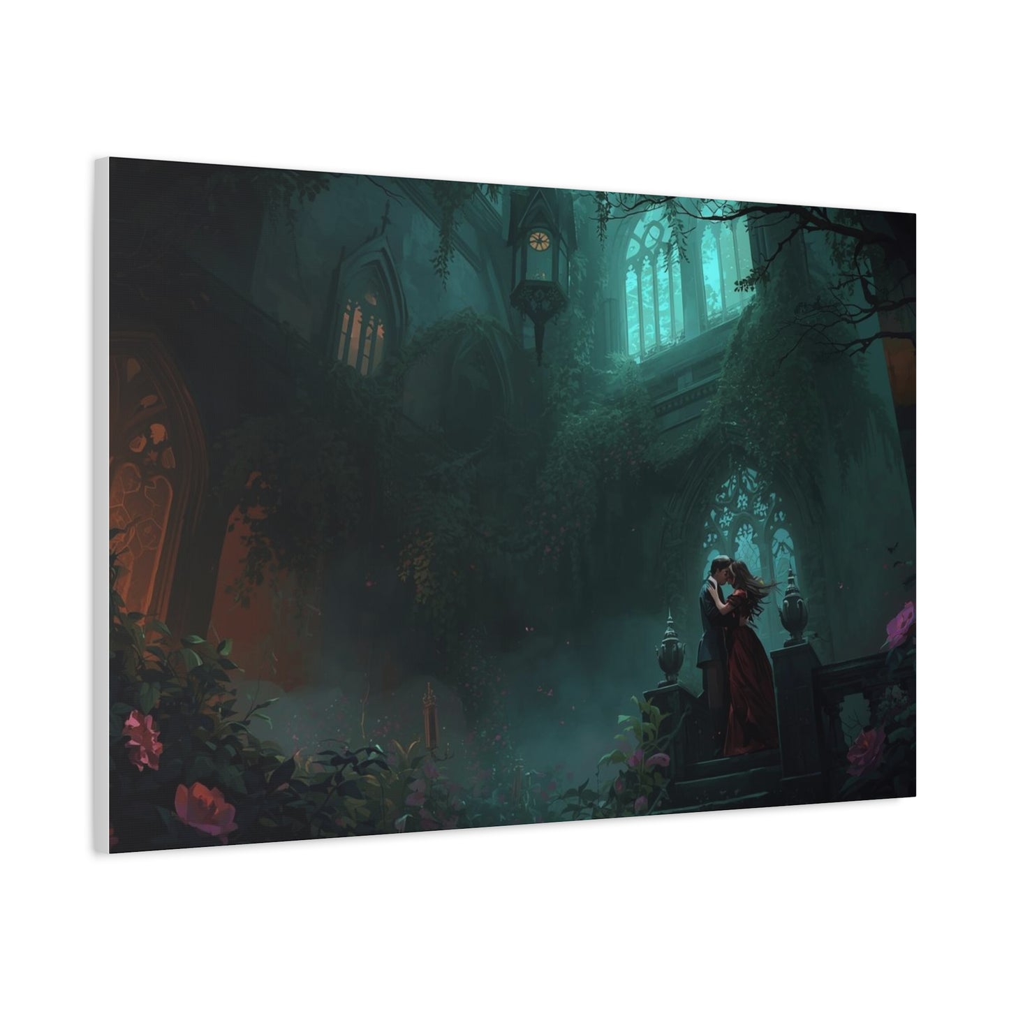Gothic Romance Matte Canvas Wall Art — Enchanted Ruins with Lovers