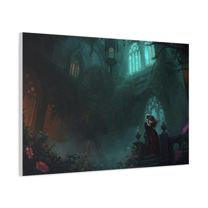 Gothic Romance Matte Canvas Wall Art — Enchanted Ruins with Lovers