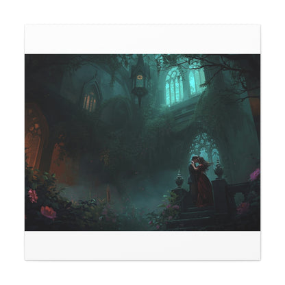 Gothic Romance Matte Canvas Wall Art — Enchanted Ruins with Lovers