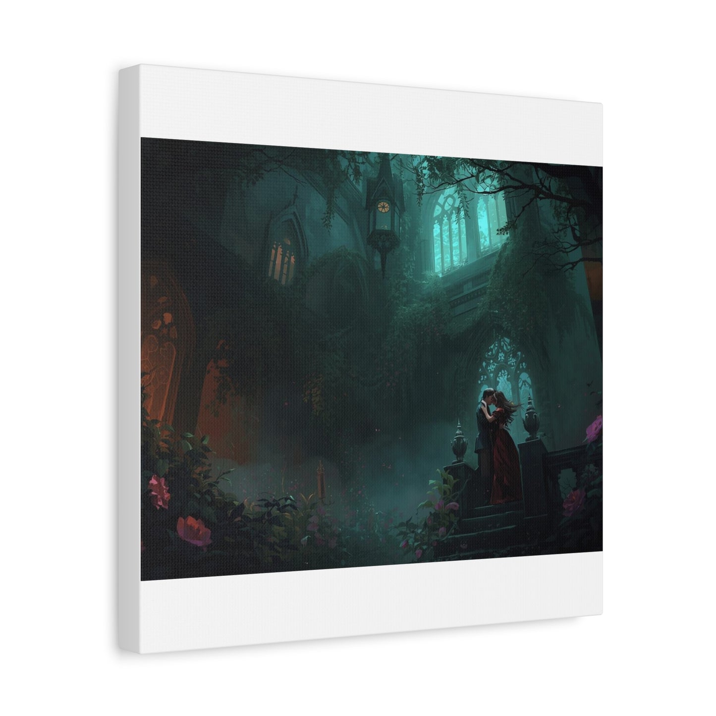 Gothic Romance Matte Canvas Wall Art — Enchanted Ruins with Lovers