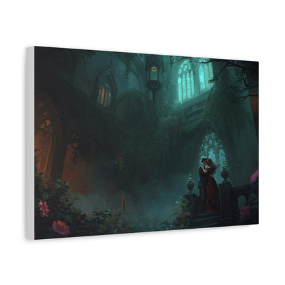 Gothic Romance Matte Canvas Wall Art — Enchanted Ruins with Lovers