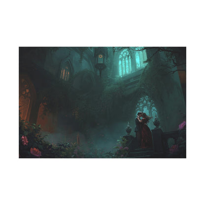 Gothic Romance Matte Canvas Wall Art — Enchanted Ruins with Lovers