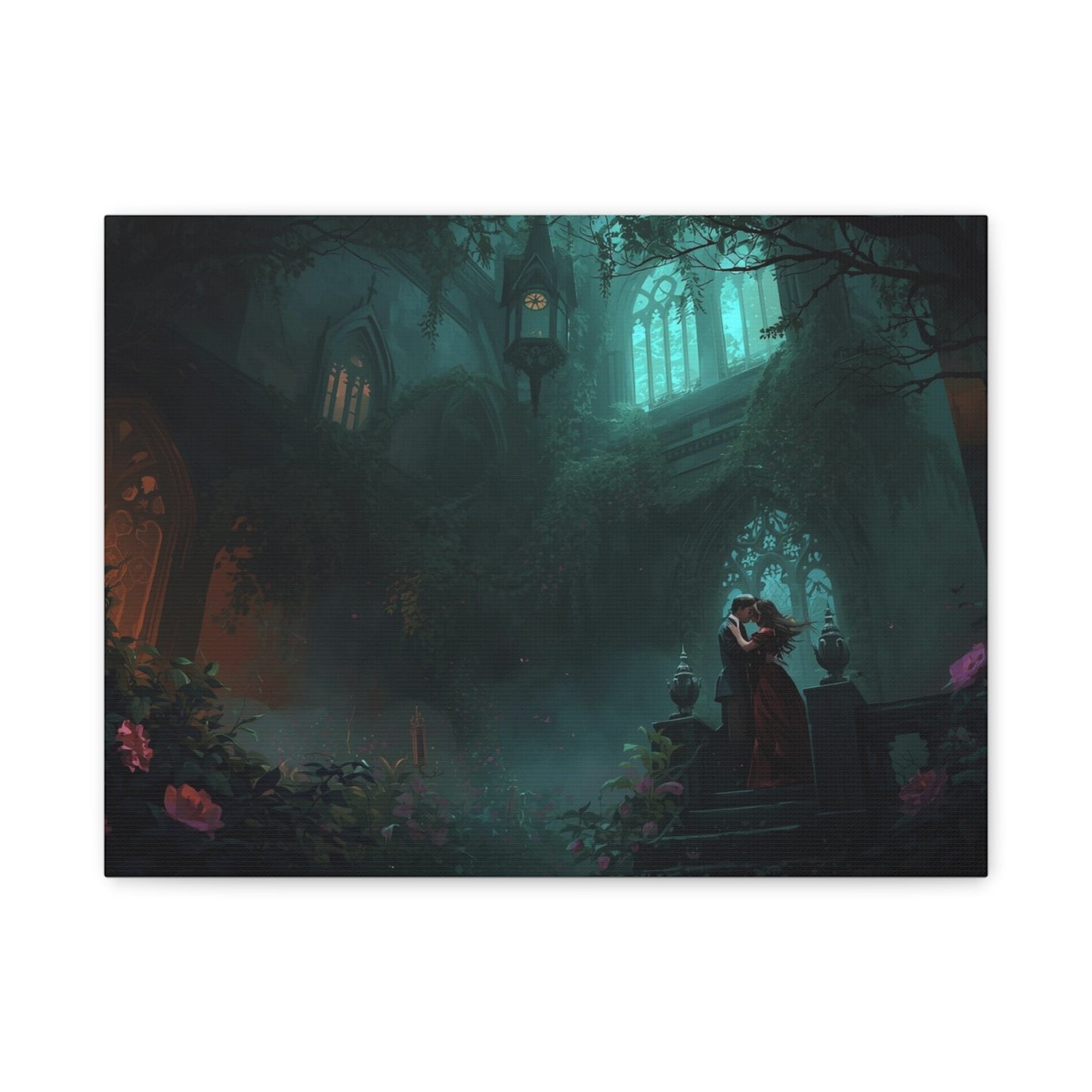 Gothic Romance Matte Canvas Wall Art — Enchanted Ruins with Lovers