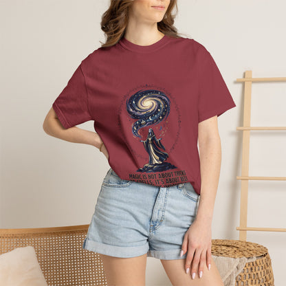 Magic Believe T‑Shirt — Wizard Gazing at Galaxy with "Magic is not about tricks or spells; it's about believing in the impossible" Quote