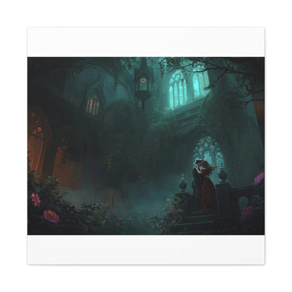 Gothic Romance Matte Canvas Wall Art — Enchanted Ruins with Lovers