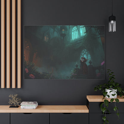 Gothic Romance Matte Canvas Wall Art — Enchanted Ruins with Lovers