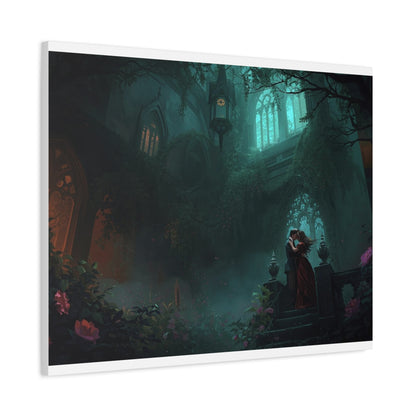 Gothic Romance Matte Canvas Wall Art — Enchanted Ruins with Lovers