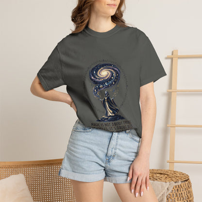 Magic Believe T‑Shirt — Wizard Gazing at Galaxy with "Magic is not about tricks or spells; it's about believing in the impossible" Quote