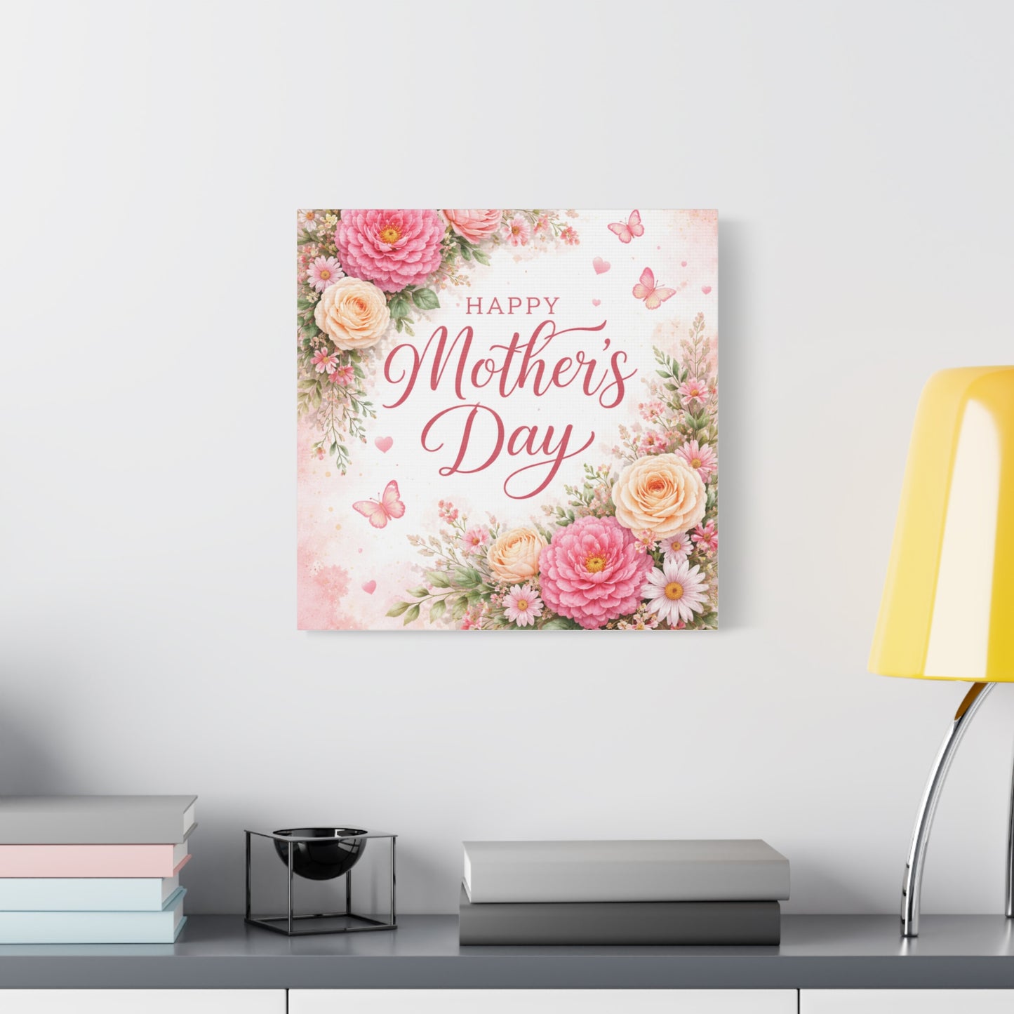 Mother's Day Canvas Wall Art - "Happy Mother's Day" Floral Stretched Matte Print