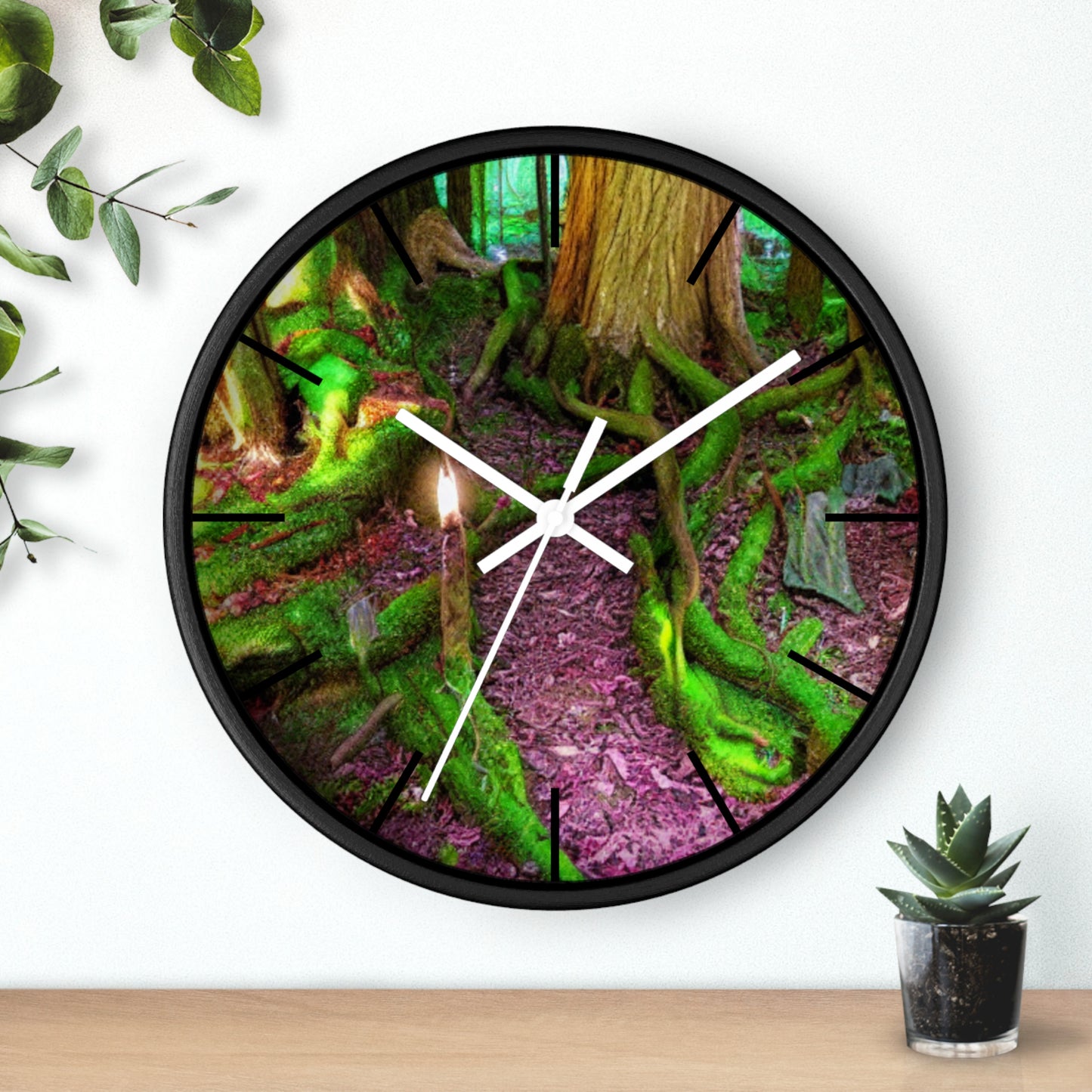 Enchanted Forest Wall Clock — Mossy Tree Roots with Candlelight
